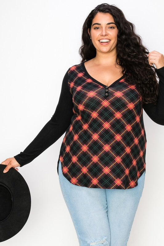 Plaid Back Detail Long Sleeve V Neck Top by A.Gain