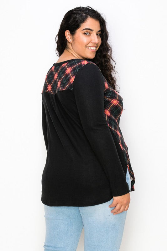 Plaid Back Detail Long Sleeve V Neck Top by A.Gain
