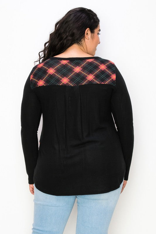 Plaid Back Detail Long Sleeve V Neck Top by A.Gain