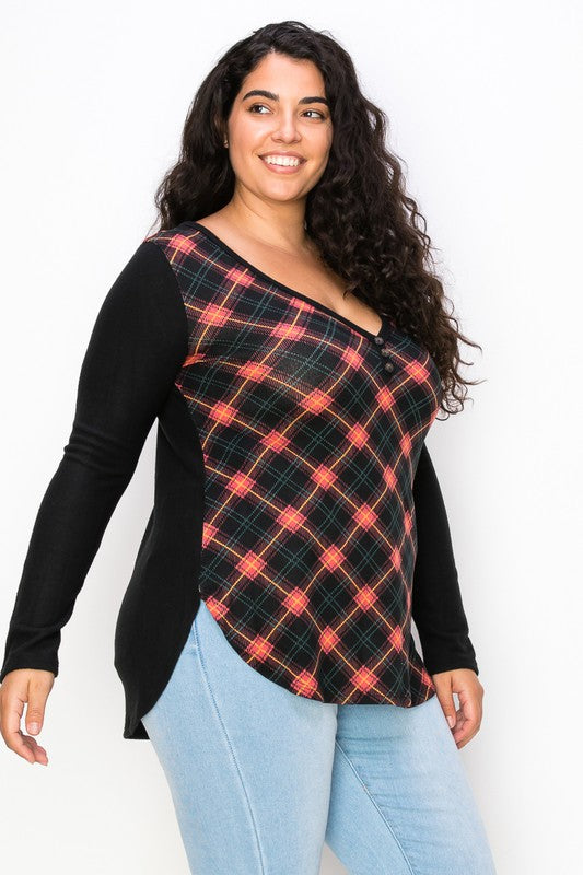 Plaid Back Detail Long Sleeve V Neck Top by A.Gain