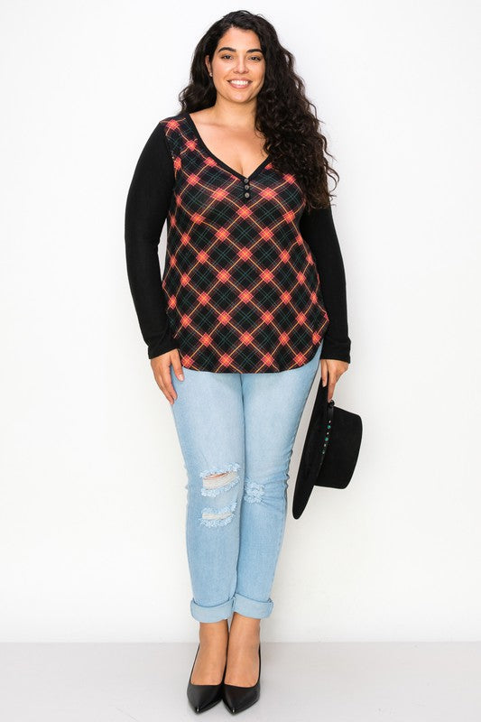 Plaid Back Detail Long Sleeve V Neck Top by A.Gain