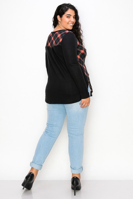 Plaid Back Detail Long Sleeve V Neck Top by A.Gain