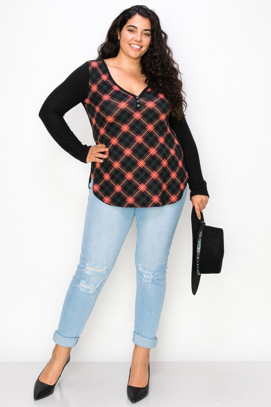 Plaid Back Detail Long Sleeve V Neck Top by A.Gain