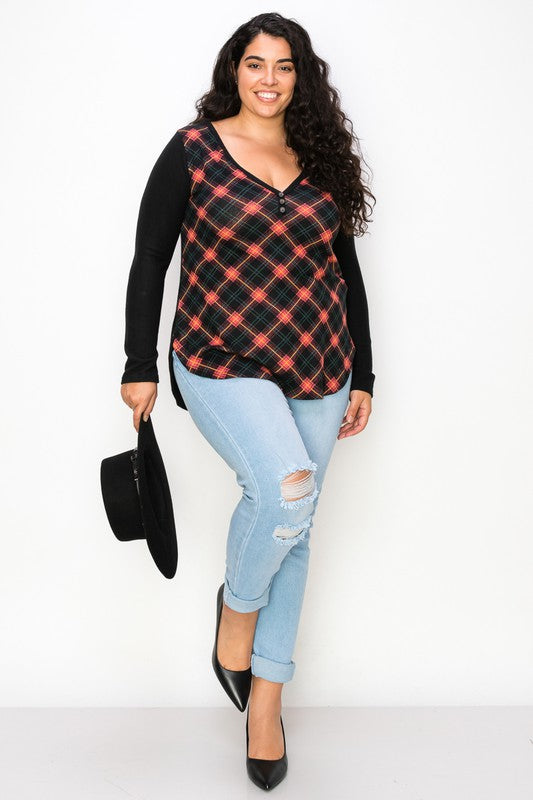 Plaid Back Detail Long Sleeve V Neck Top by A.Gain