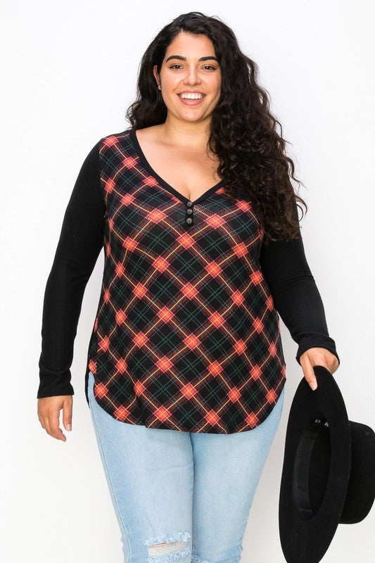 Plaid Back Detail Long Sleeve V Neck Top by A.Gain