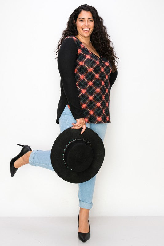 Plaid Back Detail Long Sleeve V Neck Top by A.Gain