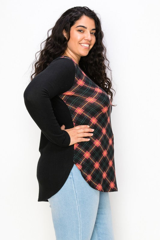 Plaid Back Detail Long Sleeve V Neck Top by A.Gain