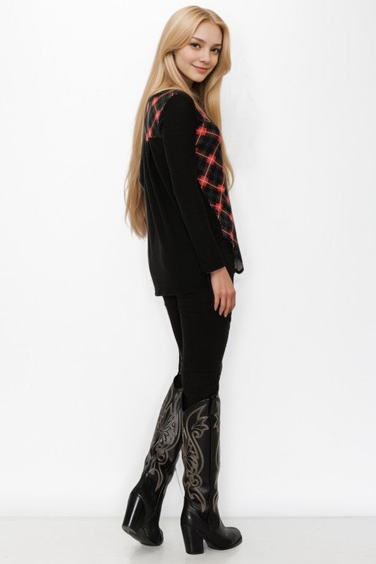 Plaid Back Detail Long Sleeve V Neck Top by A.Gain