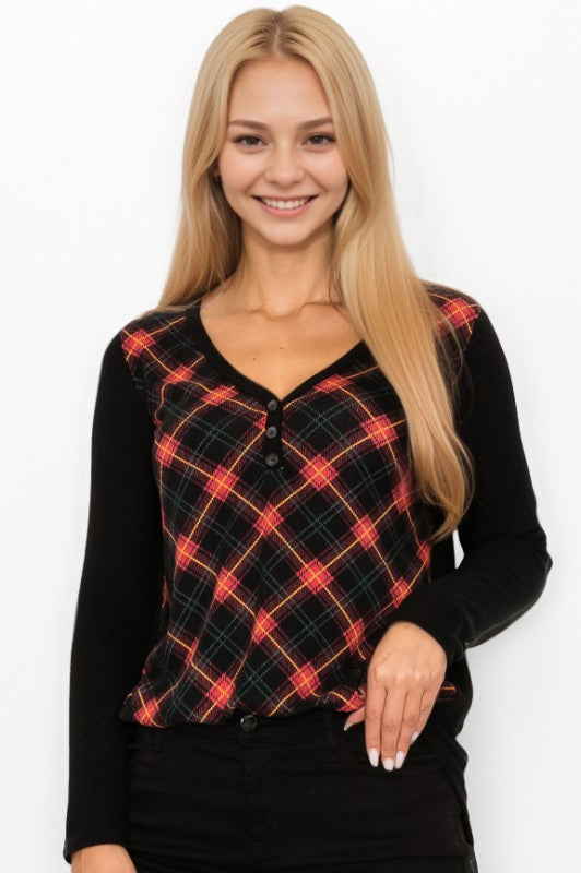 Plaid Back Detail Long Sleeve V Neck Top by A.Gain