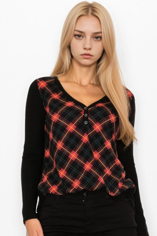 Plaid Back Detail Long Sleeve V Neck Top by A.Gain