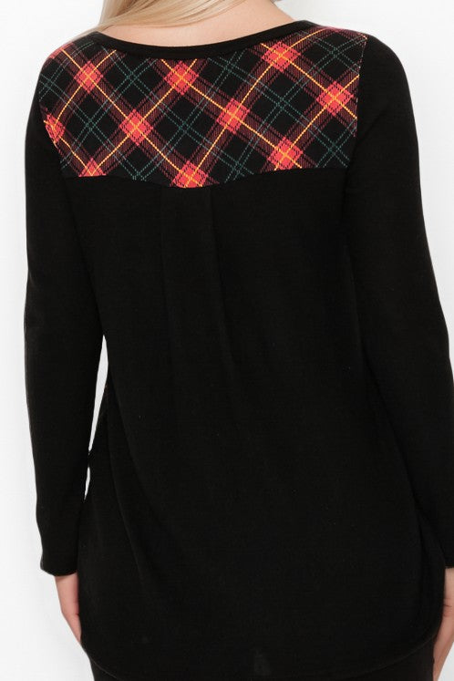 Plaid Back Detail Long Sleeve V Neck Top by A.Gain