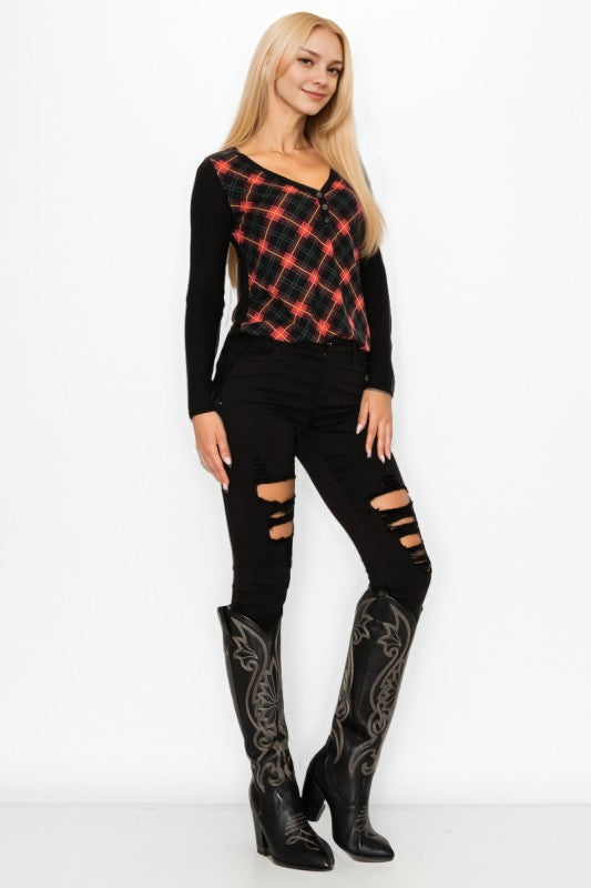 Plaid Back Detail Long Sleeve V Neck Top by A.Gain