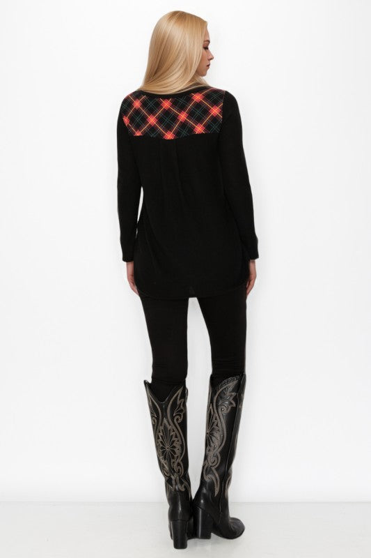 Plaid Back Detail Long Sleeve V Neck Top by A.Gain