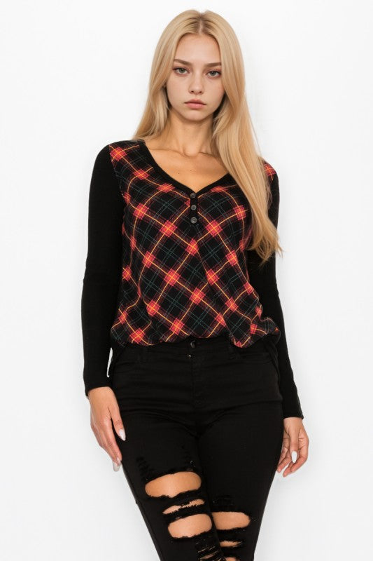 Plaid Back Detail Long Sleeve V Neck Top by A.Gain