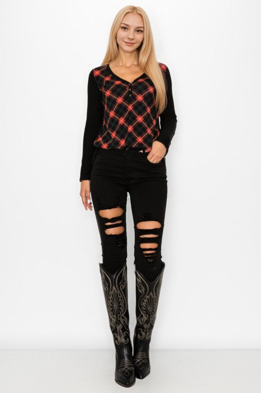 Plaid Back Detail Long Sleeve V Neck Top by A.Gain