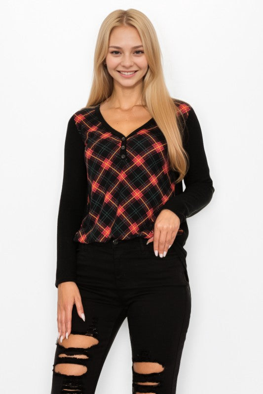 Plaid Back Detail Long Sleeve V Neck Top by A.Gain