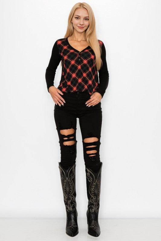 Plaid Back Detail Long Sleeve V Neck Top by A.Gain