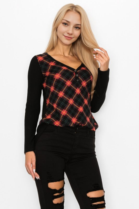 Plaid Back Detail Long Sleeve V Neck Top by A.Gain