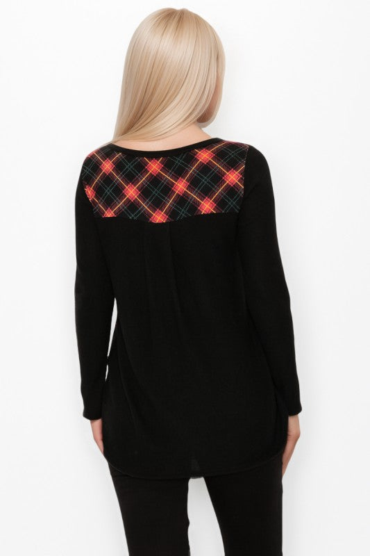 Plaid Back Detail Long Sleeve V Neck Top by A.Gain