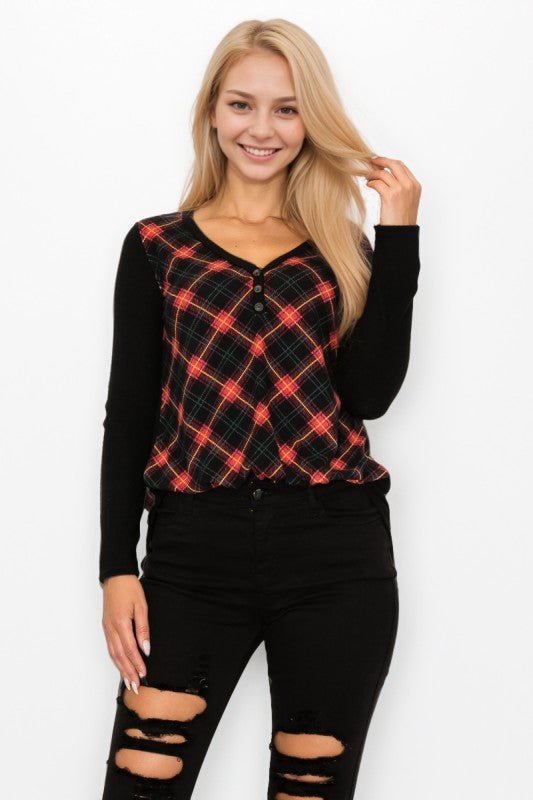 Plaid Back Detail Long Sleeve V Neck Top by A.Gain